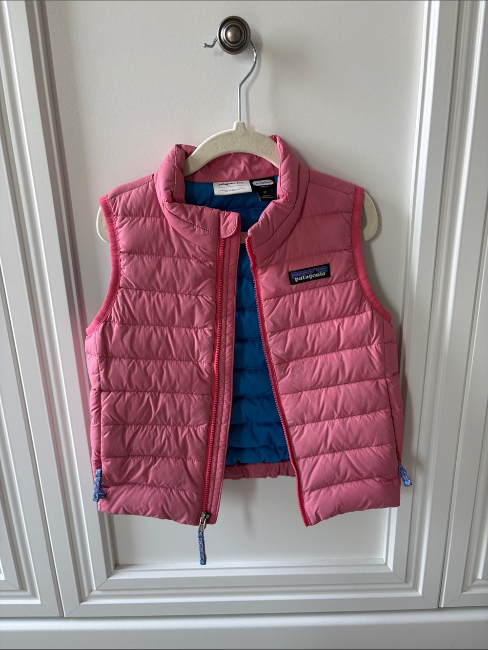Patagonia Kids Pink Puffer Vest with Blue Interior Baby Down Vest